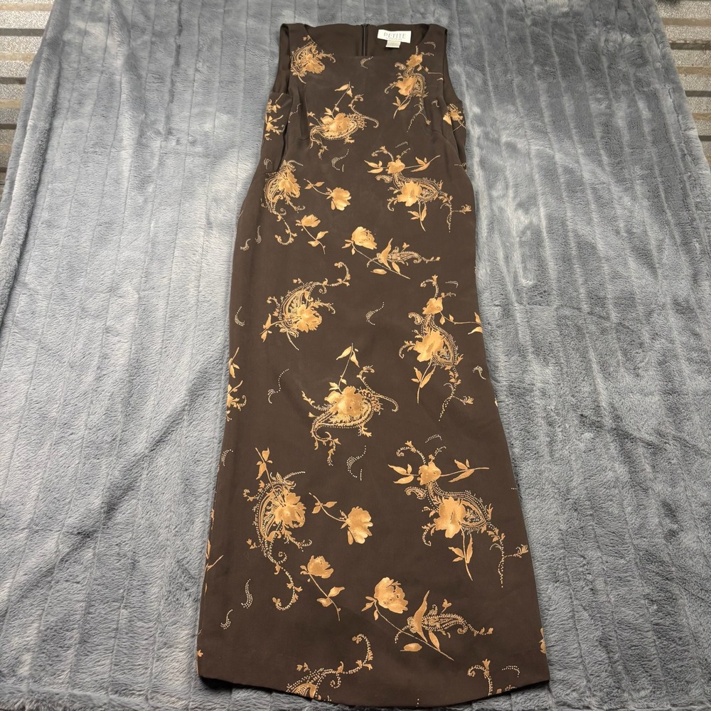 Petite Sophisticate Brown 100% Silk Floral Paisley Sleeveless Maxi Dress 4P